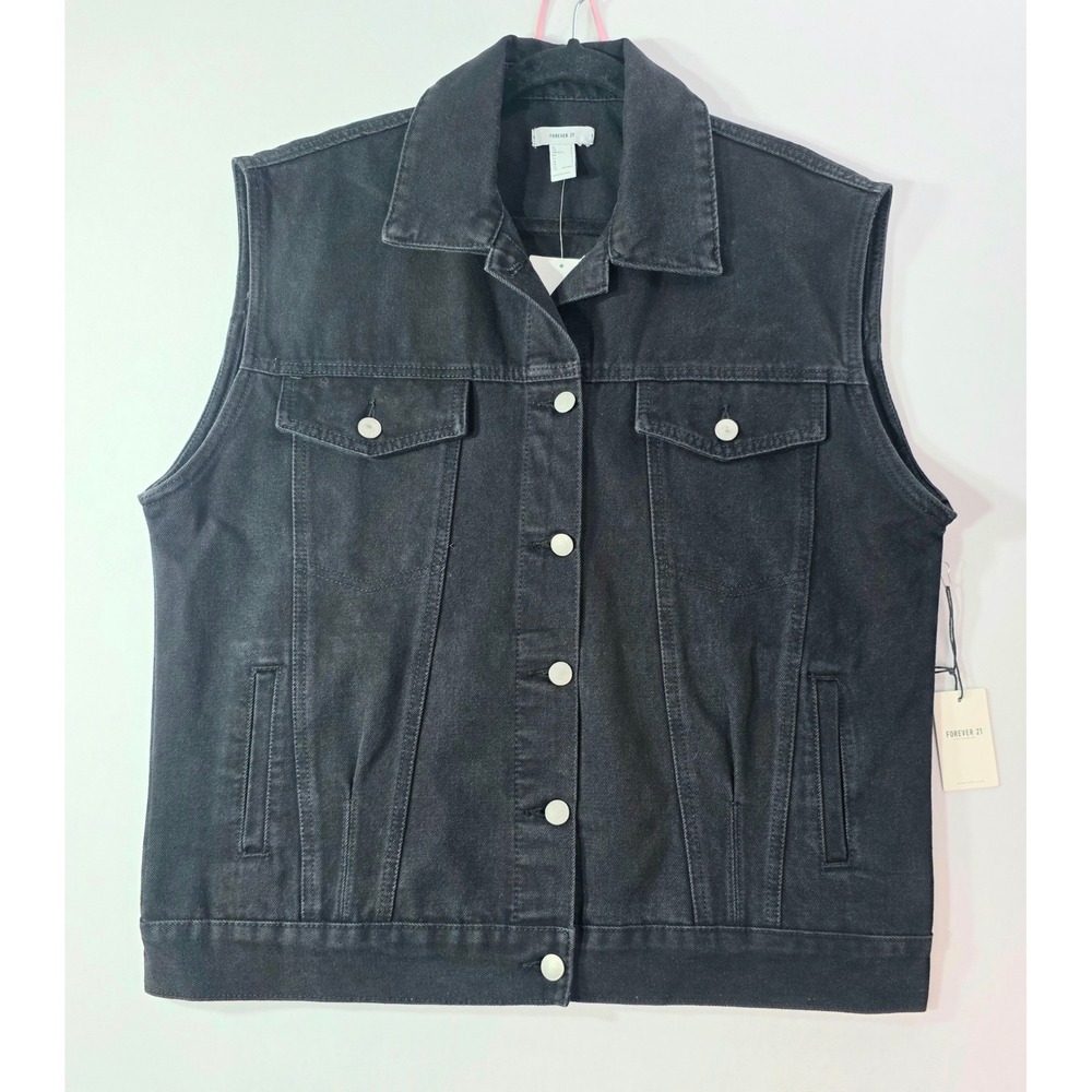 NEW Forever 21 Womens Black Denim Vest Sleeveless Trucker Jacket Size S